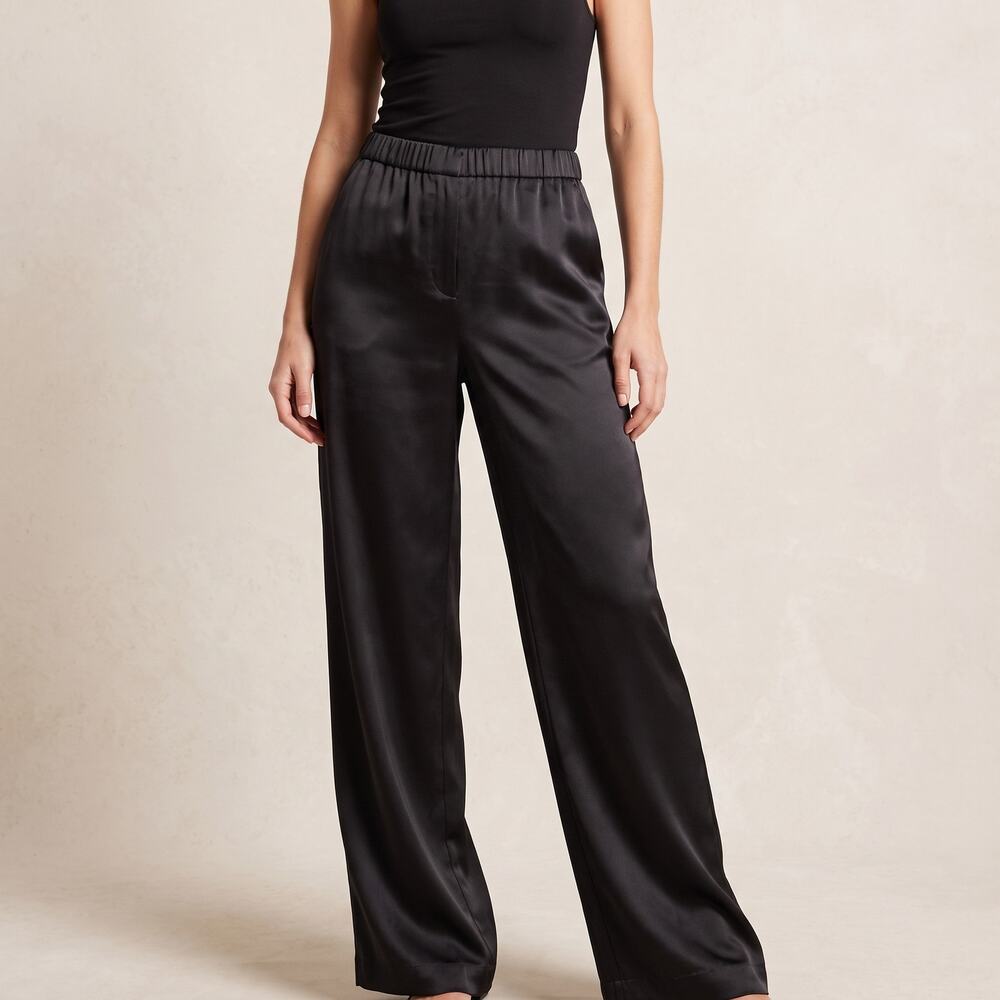 H&M Women's Black Satin Wide Leg Pants High Waist Dress Trousers Pockets M
